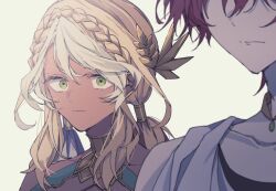 Rule 34 | 1boy, 1girl, andromeda (fate), black shirt, blonde hair, blurry, braid, closed mouth, collarbone, crown braid, dark-skinned female, dark skin, depth of field, eyelashes, fate/grand order, fate/prototype, fate (series), gold choker, green eyes, grey hair, hair between eyes, hair ornament, halterneck, husband and wife, jewelry, laurel crown, looking at another, low twintails, multicolored hair, necklace, no eyes, perseus (fate), red hair, robe, shirt, simple background, twintails, two-tone hair, white robe, wide-eyed, yawa 83, yellow background