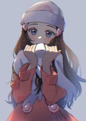 Rule 34 | 1girl, beanie, blush, brown hair, coat, commentary request, creatures (company), dawn (pokemon), eyelashes, game freak, grey eyes, hair ornament, hairclip, hands up, hat, head tilt, highres, holding, holding clothes, holding scarf, long hair, long sleeves, looking at viewer, myuuu ay, nintendo, pokemon, pokemon dppt, pokemon platinum, scarf, solo, upper body, white hat, white scarf