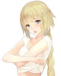 Rule 34 | 1girl, absurdres, bad id, bad twitter id, blonde hair, blue eyes, braid, breasts, cleavage, clothes lift, crossed arms, fate/apocrypha, fate (series), highres, jeanne d&#039;arc (fate), jeanne d&#039;arc (ruler) (fate), km yama, lifting own clothes, long hair, looking at viewer, medium breasts, open mouth, shirt, shirt lift, simple background, single braid, solo, t-shirt, undressing, upper body, white background