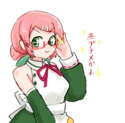 Rule 34 | 1girl, :&gt;, adjusting eyewear, alternate hairstyle, bespectacled, breasts, detached sleeves, dress, glasses, green dress, green eyes, hair bun, looking at viewer, lowres, momone momo, no headwear, pink hair, saruyama ushirou, smile, upper body, utau, v-shaped eyebrows