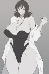 Rule 34 | 1girl, absurdres, alternate breast size, bare legs, breasts, cameltoe, cleavage, covered navel, creatures (company), curvy, game freak, highleg, highleg swimsuit, highres, holding, holding poke ball, lab coat, large breasts, lips, looking at viewer, monochrome, nintendo, nipples, one-piece swimsuit, philena ivy, poke ball, pokemon, pokemon (anime), pokemon (classic anime), smile, solo, strapless, strapless one-piece swimsuit, swimsuit, wide hips, yasuaki023