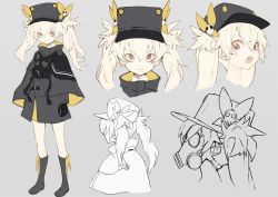 Rule 34 | 1girl, bags under eyes, boots, cape, character sheet, dress, female focus, full body, gas mask, gloves, grey background, hat, mask, mask around neck, open mouth, original, pale skin, red eyes, shiromiso, simple background, solo, standing, twintails, white hair