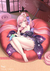 Rule 34 | 1girl, bare shoulders, barefoot, blush, breasts, cementite, closed mouth, curly hair, feet, finger to mouth, flower, full body, hair flower, hair ornament, heart, heart-shaped pillow, highres, indoors, japanese clothes, kimono, long hair, lying, neneka (new year) (princess connect!), neneka (princess connect!), off shoulder, oil-paper umbrella, on side, pillow, pink eyes, pink hair, pixiv id, pointy ears, princess connect!, small breasts, smile, solo, umbrella, very long hair