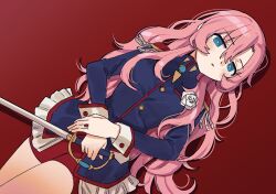 Rule 34 | 1girl, bike shorts, blue eyes, blue jacket, breasts, epaulettes, flower, hair between eyes, highres, holding, holding sword, holding weapon, jacket, jewelry, long hair, long sleeves, looking at viewer, lying, on back, pink hair, rapier, red background, red shorts, ring, rose, shorts, shoujo kakumei utena, small breasts, solo, sword, sword of dios, tenjou utena, weapon, white flower, white rose, zinbei