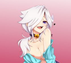 Rule 34 | brawl stars, breasts, cleavage, colette (brawl stars), medium breasts, open clothes, open mouth, short hair, white hair
