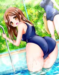 Rule 34 | 2girls, ass, bare shoulders, blush, breasts, brown hair, chacha (fate), fate/grand order, fate (series), from behind, hairband, head out of frame, highres, large breasts, long hair, looking at viewer, mash kyrielight, multiple girls, open mouth, orange eyes, pool, school swimsuit, shiny clothes, shiny skin, swimsuit, towel, unidon120, water, wet, wet clothes, wet hair