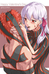Rule 34 | 1boy, 1girl, bdsm, black dress, blush, bondage, bound, chocolate, clothed female nude male, dress, emiya shirou, fate/stay night, fate (series), femdom, hair ribbon, happy valentine, head grab, hetero, long hair, matou sakura, mouth hold, nail polish, nose blush, nude, parted lips, pink ribbon, purple background, purple hair, red eyes, red hair, red nails, ribbon, rna (angel-smelter), simple background, smile, striped clothes, striped dress, twitter username, upper body, vertical-striped clothes, vertical-striped dress, yellow eyes