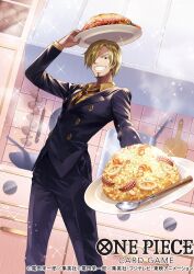Rule 34 | 1boy, black jacket, black pants, blonde hair, commentary request, copyright name, cowboy shot, curly eyebrows, facial hair, food, formal, fried rice, goatee, hair over one eye, highres, holding, holding plate, jacket, kitchen, koushi rokushiro, looking at viewer, male focus, mustache stubble, necktie, official art, one piece, one piece card game, pants, plate, plate on head, sanji (one piece), shirt, short hair, smile, smoke, solo, sparkle, spoon, stubble, suit, yellow shirt