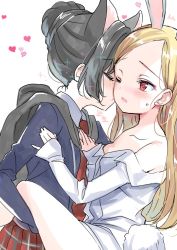 Rule 34 | 2girls, animal ears, bare shoulders, black hair, black jacket, blonde hair, blush, cat ears, dress shirt, elin, emily (pure dream), closed eyes, forehead, hair bun, hand on another&#039;s arm, hand on another&#039;s chest, heart, hood, jacket, kiss, kissing cheek, knee up, leg grab, legs, long hair, multiple girls, necktie, no pants, off shoulder, one eye closed, open mouth, plaid, plaid skirt, rabbit ears, rabbit tail, red eyes, red neckwear, red skirt, school uniform, shirt, simple background, single hair bun, skirt, tail, tera online, thighs, white background, white shirt, yuri