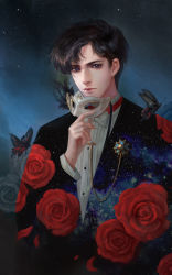 Rule 34 | 1boy, bishoujo senshi sailor moon, black hair, black theme, blue eyes, brooch, bug, butterfly, chain, chiba mamoru, domino mask, feathers, flower, formal, bug, jewelry, looking at viewer, male focus, mask, portrait, realistic, red flower, red rose, rose, solo, space, star (sky), suit, tuxedo, tuxedo kamen, yinse qi ji