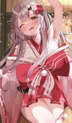 Rule 34 | 1girl, blush, detached sleeves, fang, gabuchi, gradient hair, grey hair, hair ornament, highres, hololive, horns, japanese clothes, long hair, looking at viewer, lying, multicolored hair, nakiri ayame, nakiri ayame (shrine maiden), nontraditional miko, official alternate costume, oni, red eyes, red hair, skin-covered horns, skin fang, sleeveless, solo, streaked hair, thighhighs, virtual youtuber, white hair, white thighhighs