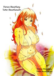 Rule 34 | 1girl, absurdres, belly, bikini, biscuitsama, black sclera, breasts, colored sclera, denim, feet out of frame, female focus, glowing, highres, jeans, large breasts, legs together, long hair, looking at viewer, nami (one piece), navel, nose, on bed, one piece, orange eyes, orange hair, pants, patreon username, sitting, solo, swimsuit, twitter username