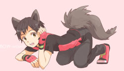 Rule 34 | 1boy, all fours, animal ears, black hair, black pants, black shirt, brown eyes, child, collared shirt, creatures (company), fang, fingerless gloves, game freak, gloves, hand on own face, kemonomimi mode, male focus, niimura (csnel), nintendo, sound effects, open mouth, pants, pink background, pokemon, pokemon adventures, red gloves, red shirt, brendan (pokemon), shirt, shoes, short hair, short sleeves, side slit, simple background, sneakers, solo, tail, teeth, text focus, wolf ears, wolf tail