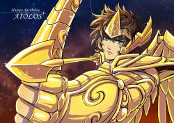 Rule 34 | 1boy, armor, arrow (projectile), blue eyes, bow (weapon), brown hair, character name, drawing bow, gauntlets, gloves, gold armor, highres, holding, holding bow (weapon), holding weapon, male focus, mamotokis, metal wings, sagittarius aioros, saint seiya, solo, weapon, wings