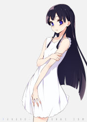 Rule 34 | 1girl, arm grab, bare arms, bare shoulders, black hair, blue eyes, breasts, collarbone, commentary request, dress, fingernails, fuyuno yuuki, grey background, long hair, looking at viewer, original, parted lips, simple background, sleeveless, sleeveless dress, small breasts, solo, very long hair, watermark, web address, white dress