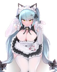 Rule 34 | 1girl, animal ears, apron, black dress, blue hair, blush, breasts, cat ears, cat tail, dress, elbow gloves, fake animal ears, fake tail, from above, fu kefu, gloves, goddess of victory: nikke, large breasts, light blue hair, long hair, looking at viewer, maid, maid headdress, neck bell, official alternate costume, paw hair ornament, paw pose, privaty (nikke), privaty (unkind maid) (nikke), sitting, solo, tail, thighhighs, twintails, very long hair, white apron, white gloves, white thighhighs, yellow eyes