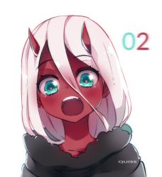 Rule 34 | 10s, 1girl, aged down, aqua eyes, blush, character name, child, colored skin, darling in the franxx, fur trim, hair between eyes, horns, long hair, looking at viewer, oni, oni horns, open mouth, pink hair, quiss, red skin, simple background, solo, spoilers, tareme, teeth, upper body, upper teeth only, white background, zero two (darling in the franxx)