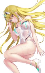 Rule 34 | 1girl, bare shoulders, blonde hair, blush, breasts, cleavage, gem, headpiece, highres, jewelry, large breasts, long hair, looking at viewer, mythra (radiant beach) (xenoblade), na-ga, one-piece swimsuit, simple background, solo, strapless, strapless one-piece swimsuit, swept bangs, swimsuit, tiara, very long hair, white one-piece swimsuit, xenoblade chronicles (series), xenoblade chronicles 2, yellow eyes