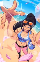 Rule 34 | 1girl, beach, belt, disembodied hand, female focus, glasses on head, hana hana no mi, highres, jolly roger, looking at viewer, nico robin, one piece, petals, ship, solo, watercraft