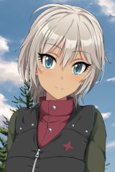 Rule 34 | 1girl, anastasia (idolmaster), black vest, blue eyes, blue sky, closed mouth, cloud, cloudy sky, commentary, day, girls und panzer, green jacket, idolmaster, idolmaster cinderella girls, inoshira, insignia, jacket, lighter, long sleeves, looking at viewer, military, military uniform, outdoors, portrait, pravda military uniform, red shirt, shirt, short hair, silver hair, sky, smile, solo, tank top, tree, turtleneck, uniform, vest, zipper
