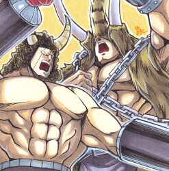 Rule 34 | 2boys, abs, artist request, biceps, blank eyes, buffaloman, highres, horns, kinnikuman, large pectorals, mammothman, manly, monster boy, multiple boys, muscular, open mouth, pectorals, traditional media, tusks