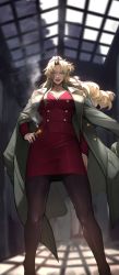Rule 34 | 1girl, absurdres, balalaika (black lagoon), black lagoon, blonde hair, blue eyes, breasts, cigar, cleavage, formal, grin, hand on own hip, highres, large breasts, long hair, looking at viewer, looking down, mole, mole under eye, pantyhose, scar, smile, solo, standing, suit, sunlight, very long hair, yoshio (55level)