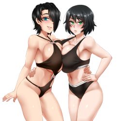 Rule 34 | 2girls, black hair, blue eyes, borrowed character, breast press, comic, commentary, commission, english commentary, frown, green eyes, hair between eyes, hair over one eye, hand on another&#039;s waist, hand on own hip, hug, multiple girls, navel, o-ring, original, parted lips, saya (twrlare), short hair, simple background, smile, symmetrical docking, twrlare, white background