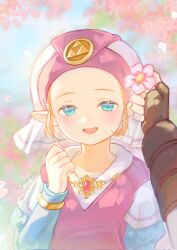 Rule 34 | 1boy, 1girl, aged down, blonde hair, blue eyes, blush, brown gloves, cherry blossoms, child, commentary, dress, fingerless gloves, flower, gloves, hand up, hat, highres, holding, holding flower, jewelry, link, long sleeves, looking at viewer, necklace, nintendo, open mouth, outdoors, pink flower, pointy ears, pov, pov hands, princess zelda, smile, symbol-only commentary, the legend of zelda, the legend of zelda: ocarina of time, triforce, twitter username, upper body, young zelda, yun (dl2n5c7kbh8ihcx)