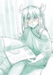 Rule 34 | 10s, 1girl, aqua theme, blush, bra strap, closed mouth, commentary, curtains, frown, hair between eyes, hair over shoulder, hair ribbon, highres, holding, holding magazine, kantai collection, long hair, looking at viewer, magazine (object), monochrome, multiple monochrome, off shoulder, pants, ribbon, shirt, sitting, t-shirt, tone (kancolle), twintails, wooden floor, yami (m31)