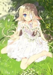 Rule 34 | 1girl, absurdres, bandages, bandage over one eye, barefoot, blonde hair, blue eyes, blush, bullet, child, dress, elf, feet, flower, flower wreath, foreshortening, grass, highres, long hair, looking at viewer, pointy ears, scan, scar, shell casing, sitting, smile, solo, toes, tsurusaki takahiro, very long hair, wariza, white dress