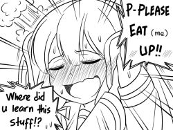 Rule 34 | 1boy, 1girl, :d, admiral (kancolle), blush, bow, bread, bread slice, emphasis lines, english text, food, greyscale, guin guin, hair bow, hair ribbon, isokaze (kancolle), kantai collection, meme, monochrome, open mouth, out of frame, ribbon, sandwich, school uniform, serafuku, smile, sweat, tress ribbon