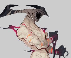 Rule 34 | bandaged arm, bandaged chest, bandages, clenched hands, grey background, horns, kyrin (kyrin21), monster, muscular, muscular male, original, simple background, solo, upper body