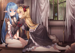 Rule 34 | 2girls, absurdres, apron, bare legs, barefoot, between legs, black dress, blonde hair, blue eyes, blue hair, blurry, blush, candle, chain, chain leash, chain, collar, cuffs, curtains, de da xianyu, depth of field, dress, elf, frilled apron, frills, half updo, hand between legs, headdress, highres, indoors, juliet sleeves, kneeling, leash, long hair, long sleeves, looking at another, maid, multiple girls, original, pointy ears, puffy sleeves, red eyes, shackles, sidelocks, sitting, slave, smile, teeth, torn clothes, v arms, very long hair, waist apron, wariza, wide sleeves, window, wooden floor, yuri