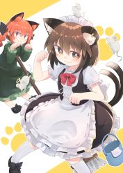 Rule 34 | 2girls, :3, alternate costume, animal ear fluff, animal ears, blush, bow, bowtie, braid, bright pupils, brown eyes, brown hair, cat ears, cat tail, chen, corset, dress, earrings, enmaided, extra ears, foot out of frame, footwear bow, green dress, halo, highres, jewelry, kaenbyou rin, kibisake, long hair, looking at viewer, maid, mouse (animal), multiple girls, multiple tails, nekomata, orange background, paw pose, paw print, paw print background, pointy ears, red eyes, red hair, red neckwear, short hair, simple background, single earring, tail, touhou, twin braids, twintails, two tails, white pupils
