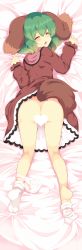 Rule 34 | 1girl, ^ ^, absurdres, animal ears, ass, bed sheet, blush, brown dress, clenched hands, closed eyes, commentary request, dress, fang, feet, full body, green hair, hair between eyes, hands up, highres, kasodani kyouko, lolimate, long sleeves, lying, no panties, no shoes, on stomach, open mouth, panties, panties around leg, short hair, socks, solo, tail, thighs, touhou, underwear, white panties, white socks