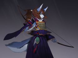 Rule 34 | 1girl, animal ears, animal nose, armor, blue fur, body fur, bow (weapon), breastplate, brown eyes, brown hair, closed mouth, cowboy shot, female focus, flat chest, from side, furry, furry female, grey background, hakama, hakama skirt, hand up, high ponytail, highres, hip vent, holding, holding bow (weapon), holding weapon, japanese armor, japanese clothes, long hair, long sleeves, matching hair/eyes, original, profile, purple hakama, rope, sidelocks, simple background, skirt, snout, solo, standing, tail, two-tone fur, uyu (soda uyu), vambraces, weapon, white fur, wide sleeves, wolf ears, wolf girl, wolf tail