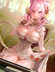 Rule 34 | 1girl, au ra, warrior of light (ff14), bead necklace, beads, bracelet, breasts, cleavage, closed mouth, clothes lift, commentary, covered navel, double bun, dragon girl, dragon horns, dragon tail, dress, dress lift, earrings, english commentary, final fantasy, final fantasy xiv, fingernails, floral print, flower, food, hair between eyes, hair bun, hair flower, hair ornament, highres, holding, holding food, horns, indoors, jewelry, large breasts, long hair, looking at viewer, mahjong, mahjong tile, mole, mole on breast, necklace, nemo ace3, on chair, pink eyes, pink hair, print dress, red flower, scales, short sleeves, sitting, smile, solo, swept bangs, tail, thighs, white dress, white tail