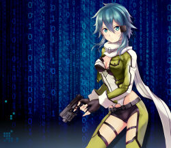 Rule 34 | 1girl, absurdres, aqua eyes, black gloves, black shorts, blue hair, breasts, cleavage, fingerless gloves, gloves, green jacket, green legwear, gun, hair between eyes, hair ornament, hairclip, highres, holding, holding gun, holding weapon, jacket, long sleeves, looking at viewer, medium breasts, micro shorts, open clothes, open jacket, scarf, shiny skin, shion100, short hair with long locks, short shorts, shorts, sidelocks, sinon, solo, standing, sword art online, thigh strap, weapon, white scarf