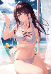 Rule 34 | 1girl, absurdres, bare shoulders, bikini, blue sky, blurry, blurry background, blush, bracelet, breasts, brown hair, cleavage, cloud, cloudy sky, cup, curtains, day, detexted, drinking straw, earrings, food, frills, fruit, highres, jewelry, long hair, looking at viewer, medium breasts, navel, necomi, ocean, orange (fruit), orange slice, original, parted lips, purple eyes, sitting, sky, smile, solo, stomach, swimsuit, third-party edit, tropical drink, water, white bikini, window