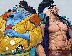 Rule 34 | 2boys, abs, absurdres, aladdin (one piece), back-to-back, bara, bare pectorals, beard, black hair, blue skin, colored skin, curly eyebrows, facial hair, fish boy, goatee, high ponytail, highres, japanese clothes, jinbe (one piece), jolly roger, kimono, large pectorals, long beard, long hair, long nose, male focus, mature male, multiple boys, muscular, muscular male, mustache, nipples, one piece, open mouth, pectoral cleavage, pectorals, rollo (kuyuen1), sharp teeth, smile, strongman waist, teeth, thick eyebrows, tusks, very long beard