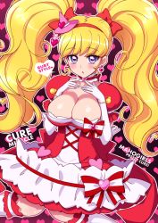 Rule 34 | 1girl, areola slip, asahina mirai, blonde hair, bow, breasts, bursting breasts, character name, choker, copyright name, cowboy shot, cure miracle, cure miracle (ruby style), earrings, frills, gloves, hair bow, hat, heart, heart background, heart earrings, highres, jewel (the black canvas), jewelry, large breasts, long hair, looking at viewer, magical girl, mahou girls precure!, mini hat, mini witch hat, pink hat, precure, puffy sleeves, purple eyes, red bow, ruby style, shiny skin, skirt, solo, striped, striped bow, twintails, white gloves, witch hat