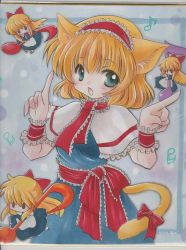 Rule 34 | 1girl, :o, alice margatroid, animal ears, apron, blonde hair, blue background, blue eyes, bow, capelet, cat ears, cat girl, cat tail, dress, female focus, hair bow, headband, index finger raised, kemonomimi mode, long hair, looking at viewer, musical note, polka dot, polka dot background, ribbon, rie (ae10171), sash, shanghai doll, shikishi, short hair, solid circle eyes, solo, tail, tail bow, tail ornament, touhou, waist apron, wrist cuffs