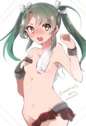 Rule 34 | 10s, 1girl, 2014, blush, dated, gloves, green hair, hair ribbon, highres, kantai collection, long hair, navel, open mouth, personification, ribbon, signature, solo, topless, torn clothes, twintails, yellow eyes, zinpati, zuikaku (kancolle)