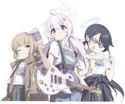 Rule 34 | 2t (vmyz7342), 3girls, :3, black hair, blue archive, brown coat, brown hair, clothes around waist, coat, drumsticks, green eyes, guitar, hair ornament, halo, hand in pocket, highres, holding, instrument, long hair, multiple girls, one eye closed, open mouth, overalls, pink hair, ponytail, purple eyes, reisa (blue archive), shirt, simple background, skirt, smile, star (symbol), star hair ornament, t-shirt, twintails, white background, white shirt