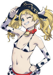 Rule 34 | 1girl, 2021, alternate breast size, animal ears, animal print, arado balanga (xchd7538), arm up, bad id, bad pixiv id, bell, bikini, blonde hair, blue eyes, breasts, chinese zodiac, collar, collarbone, covered erect nipples, cow horns, cow print, cowbell, detached sleeves, ear tag, fake animal ears, hand on headwear, hand on own hip, highres, horns, horns through headwear, long hair, monika weisswind, navel, neck bell, one eye closed, red collar, shingeki no bahamut, simple background, skirt, small breasts, smile, solo, swimsuit, teeth, twintails, white background, white horns, year of the ox