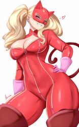 Rule 34 | 1girl, anisdrawn, blonde hair, blue eyes, bodysuit, breasts, cat mask, cleavage, commentary, cowboy shot, earrings, gloves, grin, highres, jewelry, large breasts, long hair, looking at viewer, mask, persona, persona 5, pink gloves, simple background, smile, solo, standing, takamaki anne, thick thighs, thighs, twintails, white background