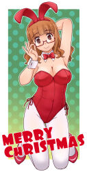 Rule 34 | 1girl, adjusting eyewear, animal ears, arm behind head, armpits, bespectacled, blunt bangs, bow, bowtie, breasts, brown eyes, brown hair, cleavage, detached collar, fake animal ears, full body, girls und panzer, glasses, gradient background, green background, groin, kneeling, large breasts, leotard, long hair, merry christmas, pantyhose, playboy bunny, polka dot, polka dot background, rabbit ears, red bow, red bowtie, red footwear, red leotard, side-tie leotard, smile, solo, strapless, strapless leotard, takebe saori, thighs, uona telepin, white pantyhose, wrist cuffs