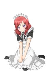 Rule 34 | 10s, 1girl, 5553pp, absurdres, apron, bad id, bad pixiv id, black pantyhose, blush, bow, highres, looking at viewer, love live!, love live! school idol festival, love live! school idol project, maid, maid apron, maid headdress, nishikino maki, pantyhose, purple eyes, red hair, short hair, simple background, sitting, smile, solo, wariza, white background