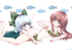 Rule 34 | 2girls, :p, bad id, bad pixiv id, barefoot, bikini, blue eyes, blue one-piece swimsuit, blush, bow, braid, breasts, child, cirno, cleavage, fish, front-tie top, green bikini, green eyes, hair bow, heart, hong meiling, kuromame (8gou), leg up, long hair, lying, medium breasts, multiple girls, navel, on side, on stomach, one-piece swimsuit, red hair, school swimsuit, short hair, side-tie bikini bottom, sideboob, smile, strap pull, swimsuit, tongue, tongue out, touhou, twin braids, untied