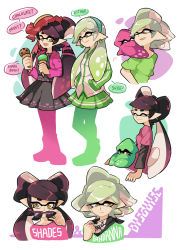 Rule 34 | + +, 2girls, alternate hairstyle, bandana, black hair, black shirt, black skirt, brown eyes, callie (splatoon), casual, closed eyes, closed mouth, cousins, earrings, english text, food, gomipomi, green hairband, green shirt, green skirt, grey hair, hair down, hairband, hands in pockets, hat, holding, holding food, hug, hug from behind, ice cream cone, inkling, jacket, jewelry, layered clothes, layered sleeves, light smile, long hair, long sleeves, marie (splatoon), miniskirt, multiple girls, nintendo, one eye closed, open mouth, pleated skirt, pointy ears, purple jacket, serious, shirt, short hair, short over long sleeves, short sleeves, sitting, skirt, smile, splatoon (series), splatoon 1, squid, sunglasses, t-shirt, tentacle hair